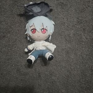 Anime Plush Doll with Light Blue Hair & Red Eyes